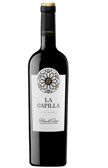 Botella de vino tinto la capilla crianza elebaroda con tinta del pais